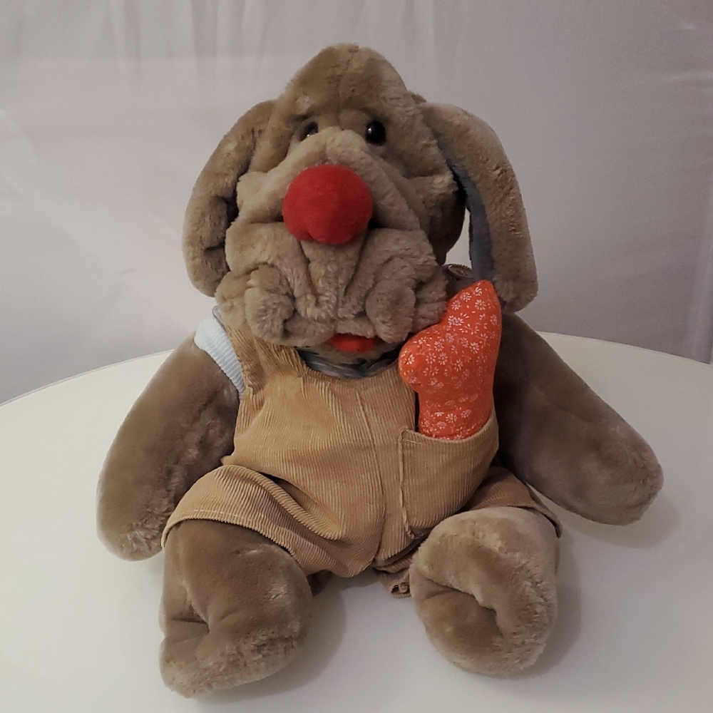 Vintage 80s GANZ Bros Wrinkles Stuffed Plush Puppet Dog w Tag & Bone Accessory